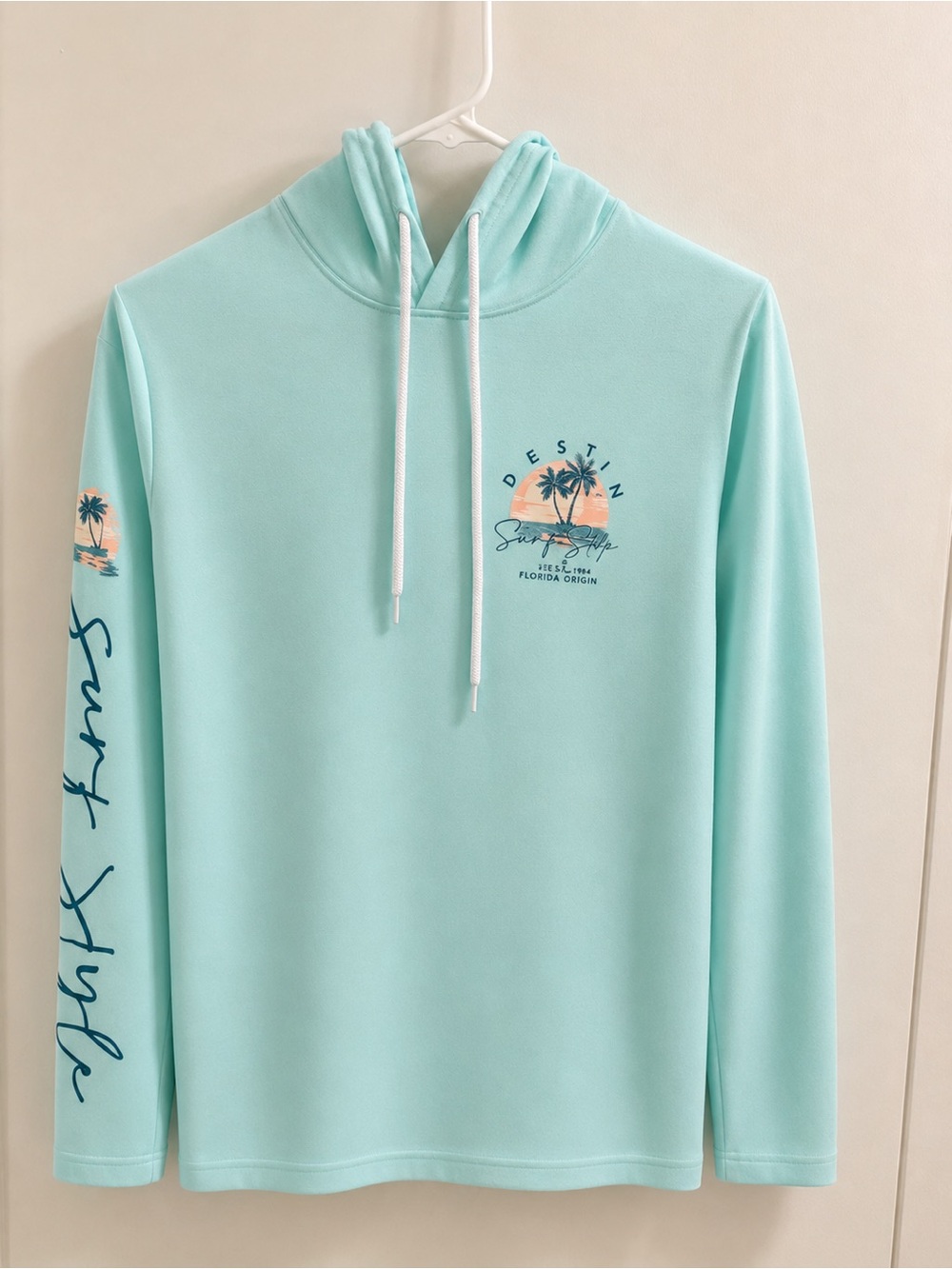 Surf Style Light Aqua Tee Pullover Hoodie with Palm Sunset Graphic Destin NWOT